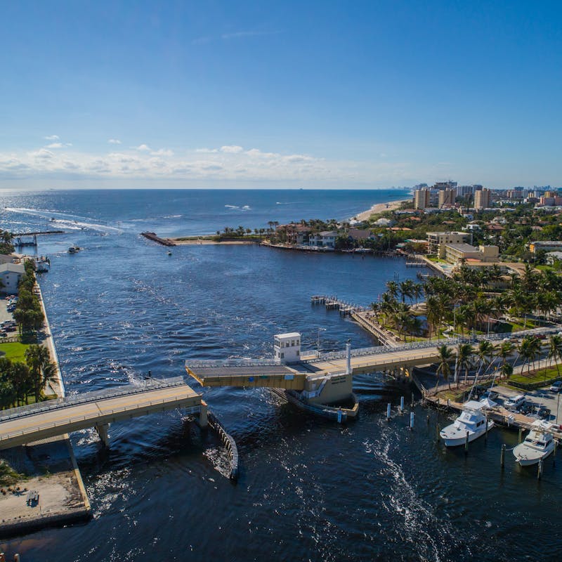 Aerial view of coastal waterways and bridges in Florida near Pompano Beach