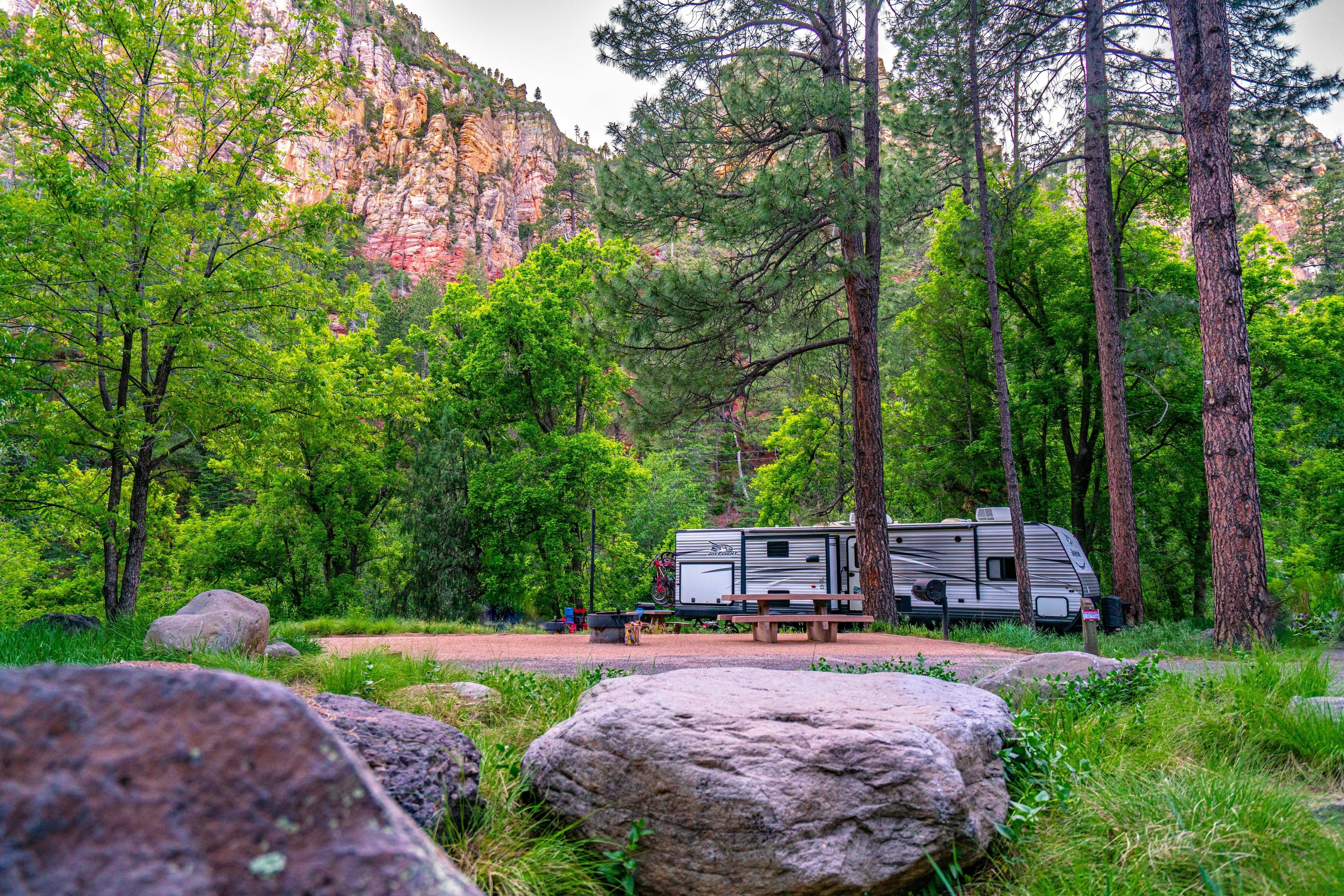 Renee Tilby's Jayco travel trailer at a campsite in coconino national forest