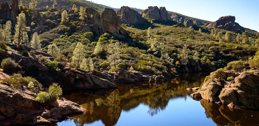 A river running through a lush green and rocky landscape.