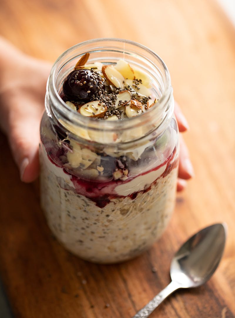 A jar full of overnight oats.