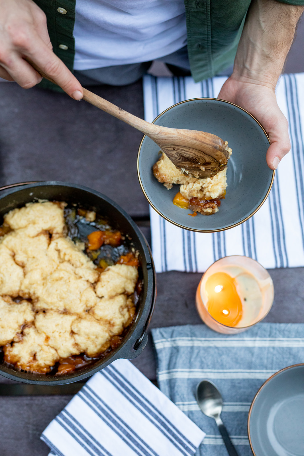 Dutch Oven Peach Cobbler with Butter Pecan Ice Cream