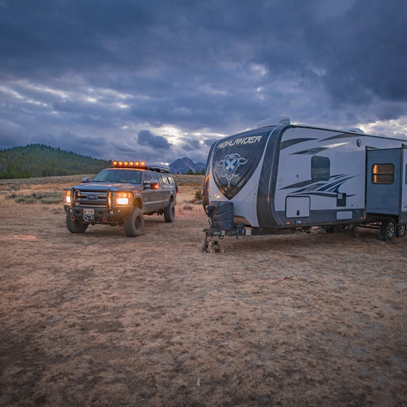 Nate Day's RV unhitched at dusk.