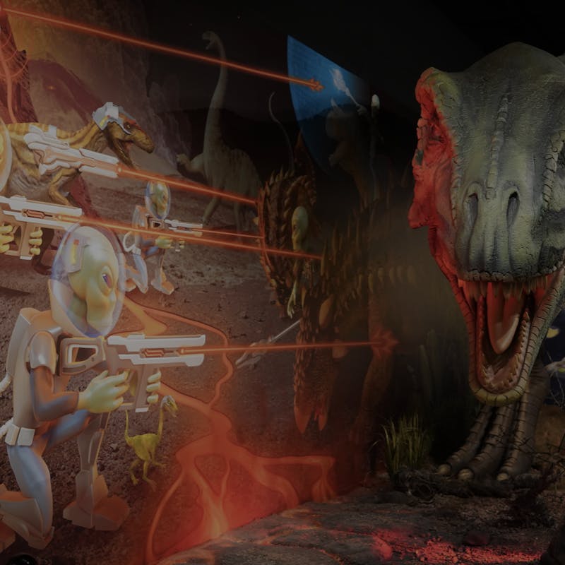 Picture of aliens shooting lasers at a giant t-rex at The Thing museum