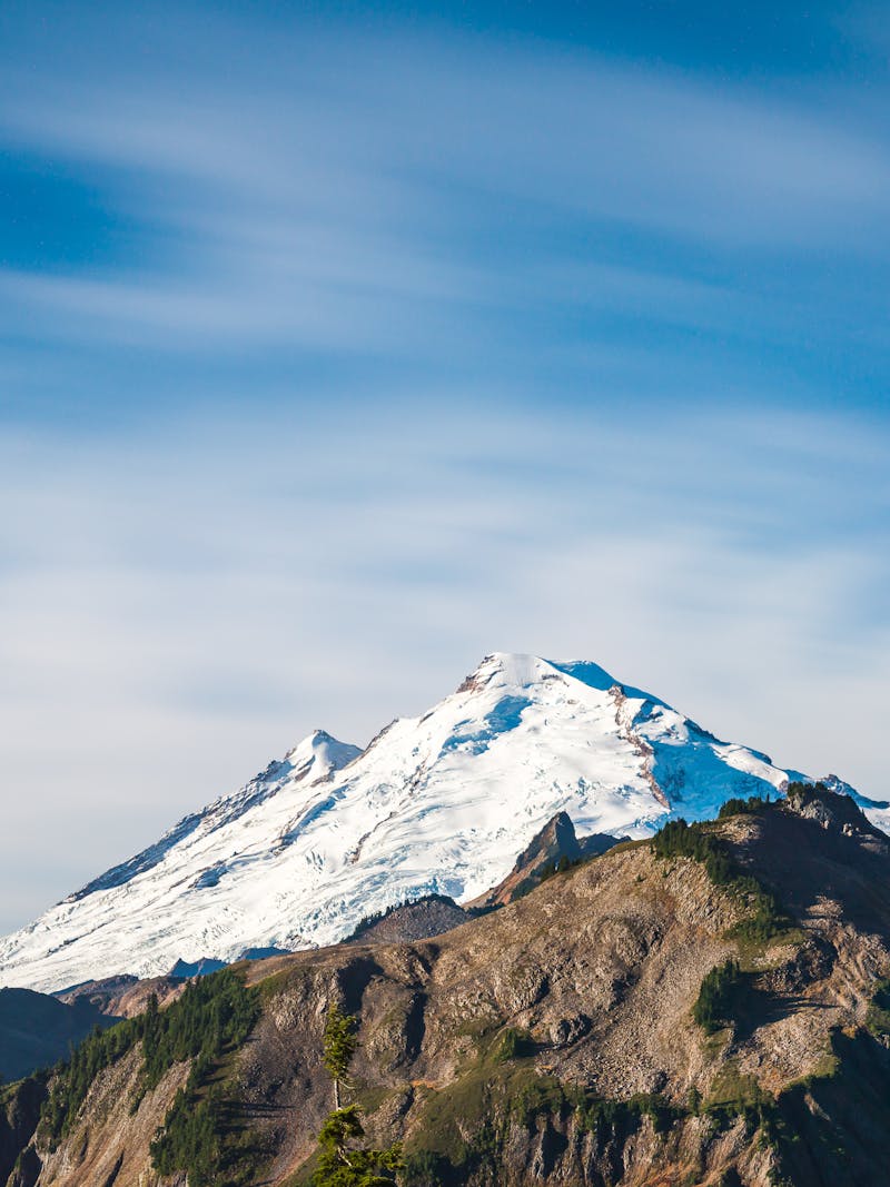 A snowy peak against blue skies in the background and brown, rocky mountains in the foreground