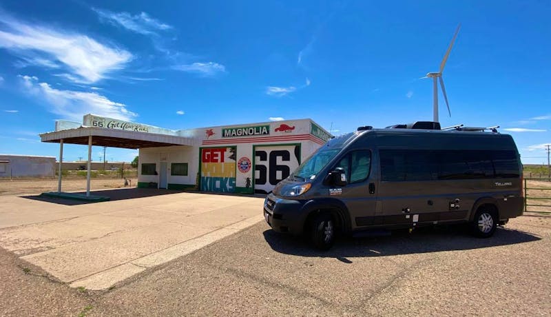 Jess Lawson's Thor Motor Coach Tellaro parked alongside Route 66.