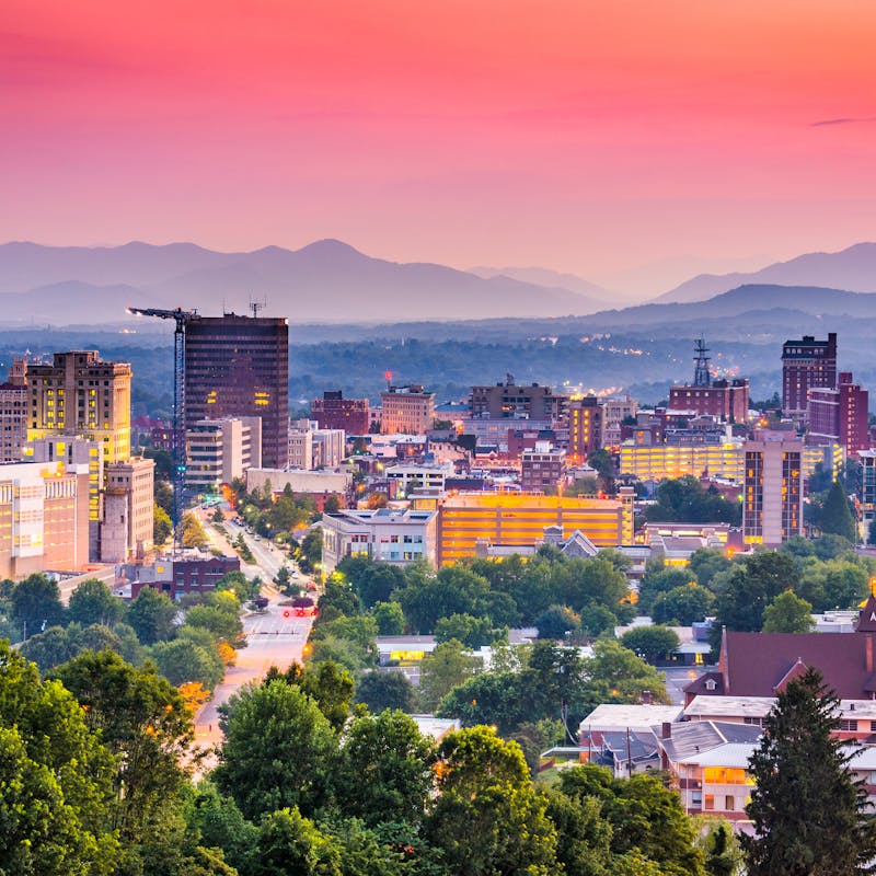 Downtown Asheville, North Carolina, USA at twilight