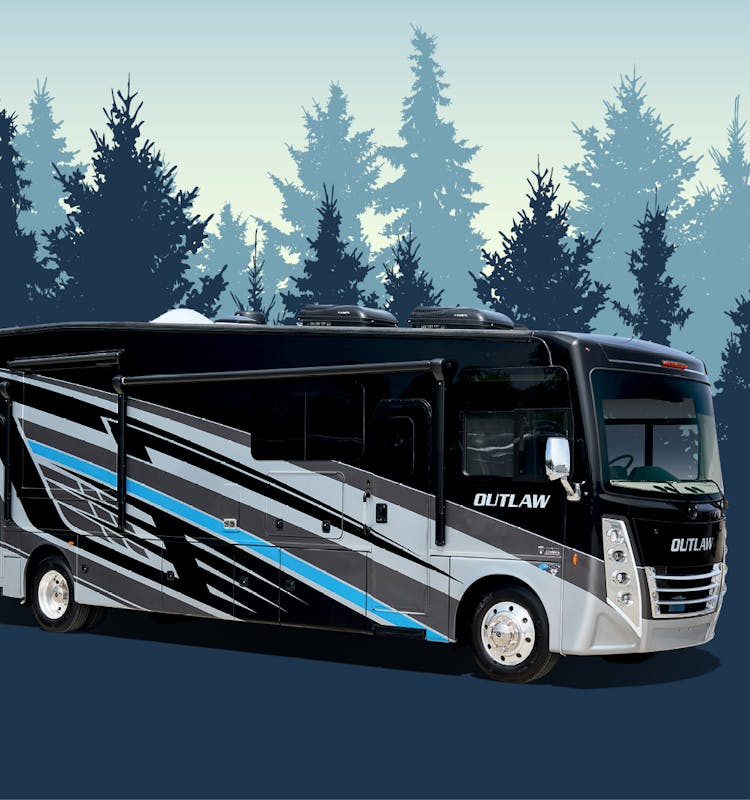 2024 Outlaw Class A exterior with blue trees