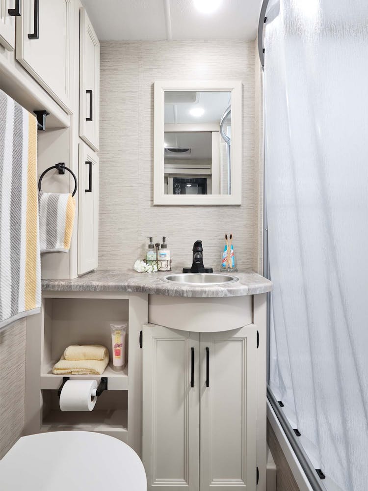 2023 Thor ACE Class A RV 29D Bathroom - Home Collection™ Estate Grey Ivory Coast Cabinetry