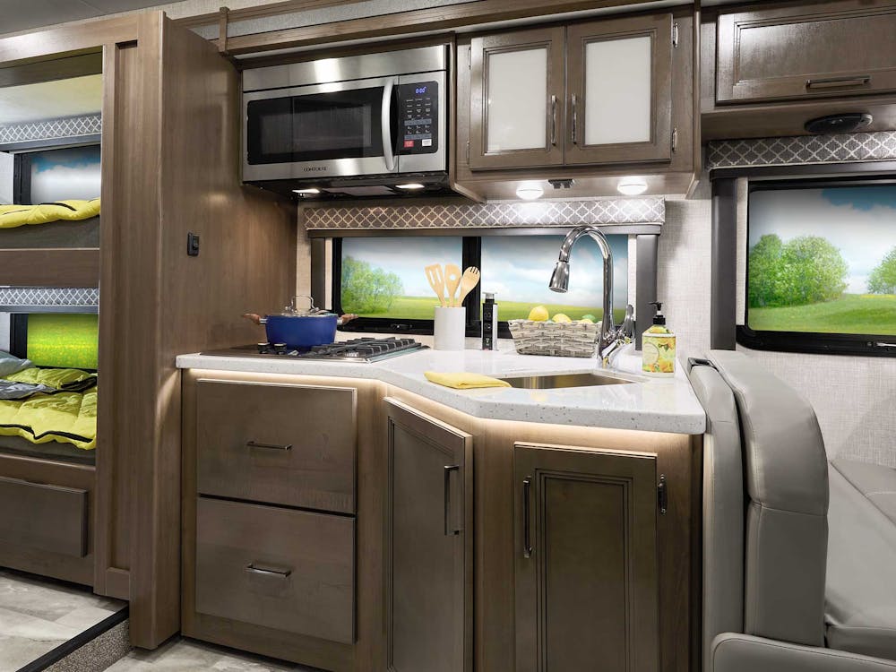 2022 Thor Quantum Class C RV LF31 Kitchen - Cloud Nine Carolina Cherry Cabinetry