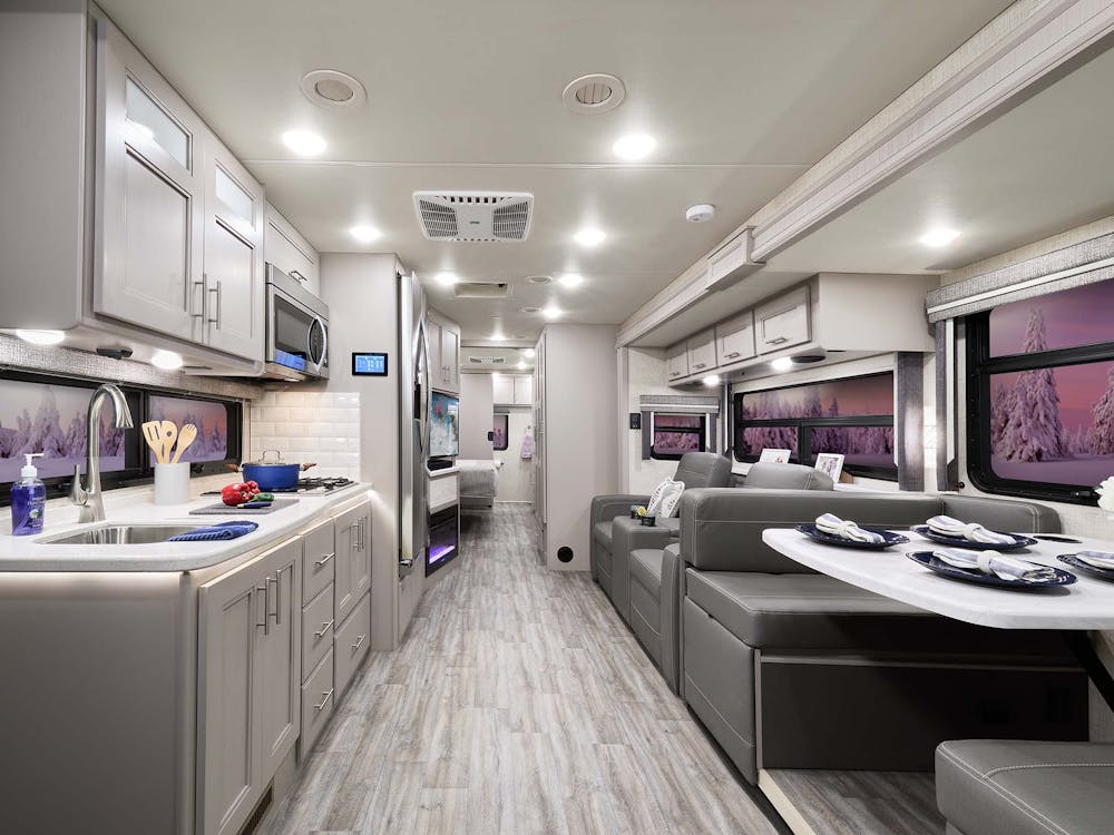 2022 Thor Inception Mega C Diesel RV 38MX Front to Back - Melrose Stone Decor Shell Grey Cabinetry
