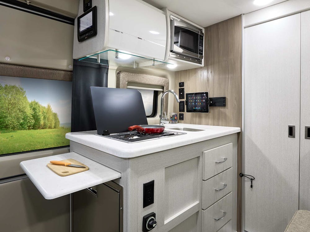 2022 Thor Rize Class B RV 18M Kitchen - Crisp Linen Modern White Cabinetry
