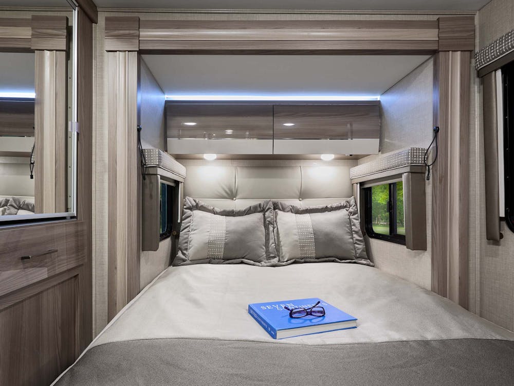 Tiburon Cafe Mocha with Luxury Grey cabinetry in bedroom