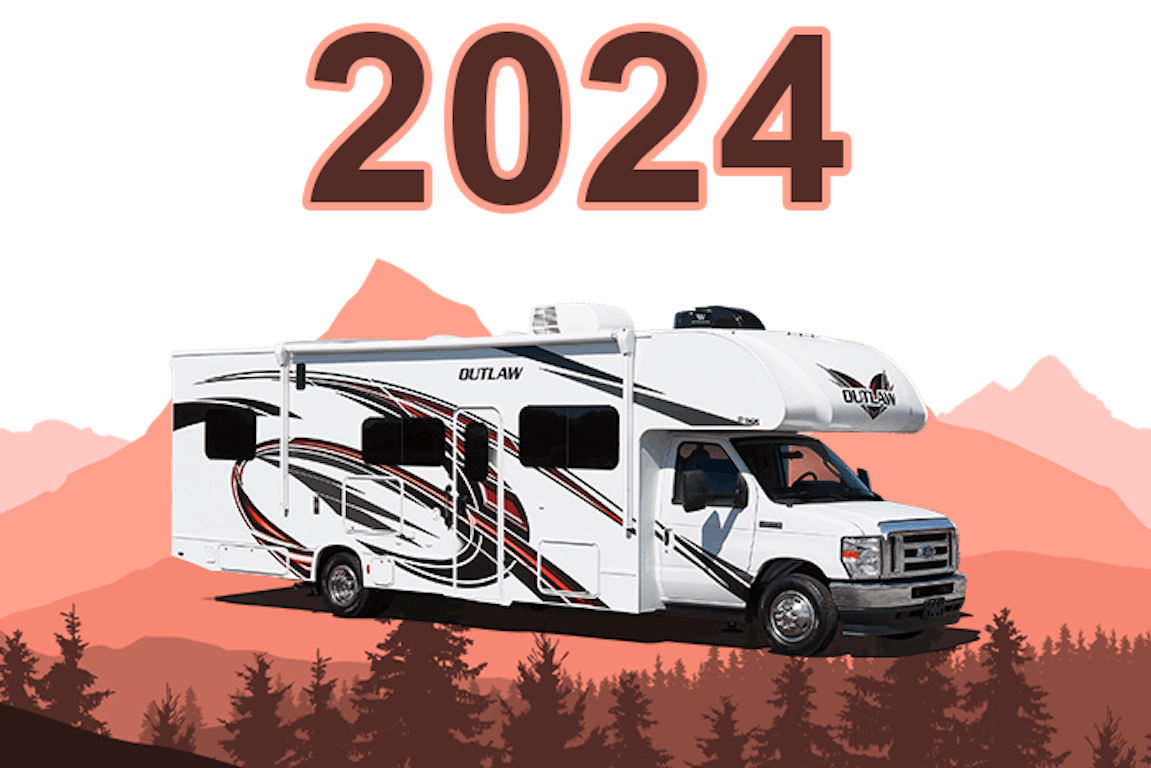 outlaw class c 2024 exterior with trees and mountains in background