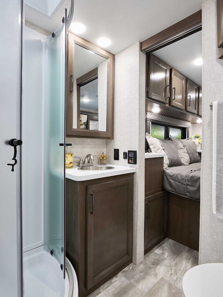 2022 Thor Quantum Class C RV LF31 Bathroom - Cloud Nine Carolina Cherry Cabinetry
