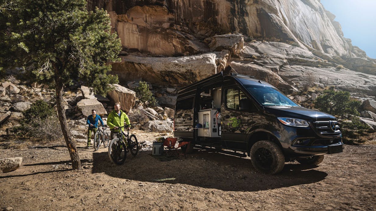 2022 Sanctuary Class B RV Lifestyle Utah corporate photo shoot men on bikes - Sprinter Van