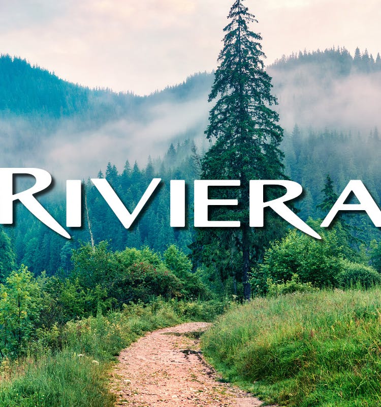 Riviera logo surrounded by trees and a river