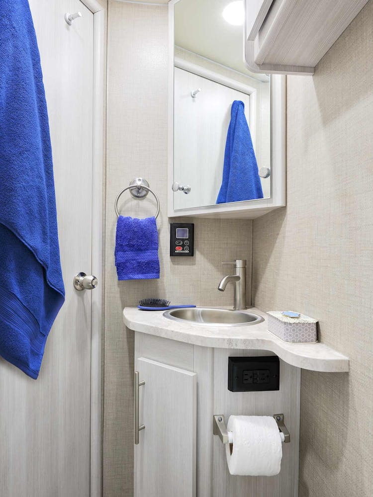 2022 Thor Gemini AWD Class B+ RV 23TW Bathroom - Silverpointe Uptown Gray Cabinetry