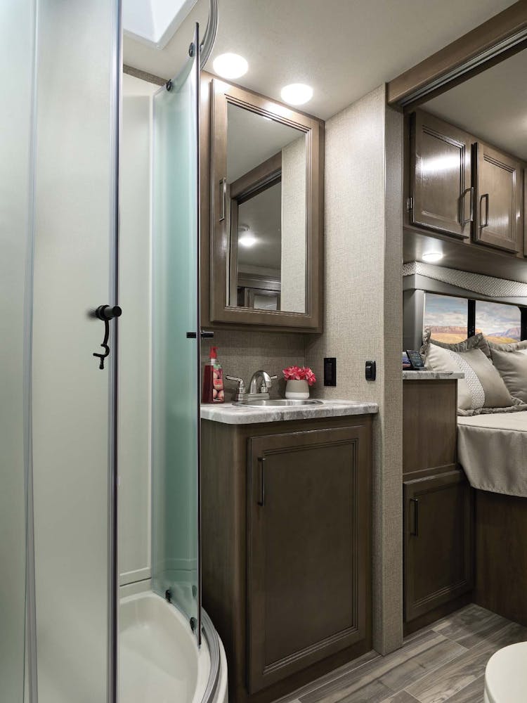 2022 Thor Four Winds Class C RV 31EV Bathroom - Silver Strand Carolina Cherry Cabinetry
