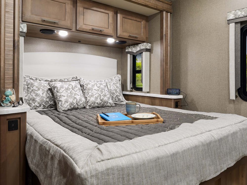 2022 Omni Class C RV XG32 Bedroom - Vanilla Twilight Sanibel Cabinetry