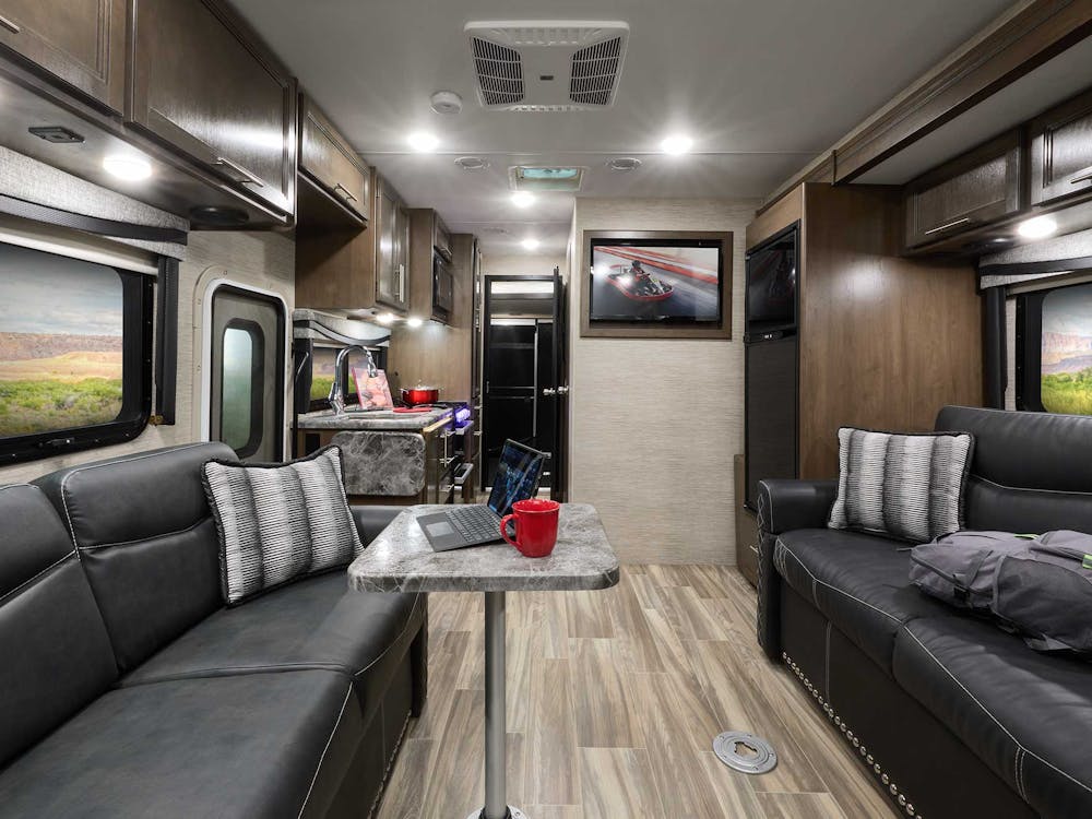 2022 Thor Outlaw Class C Toy Hauler RV 29J Front to Back - Midnight Special Carolina Cherry Cabinetry