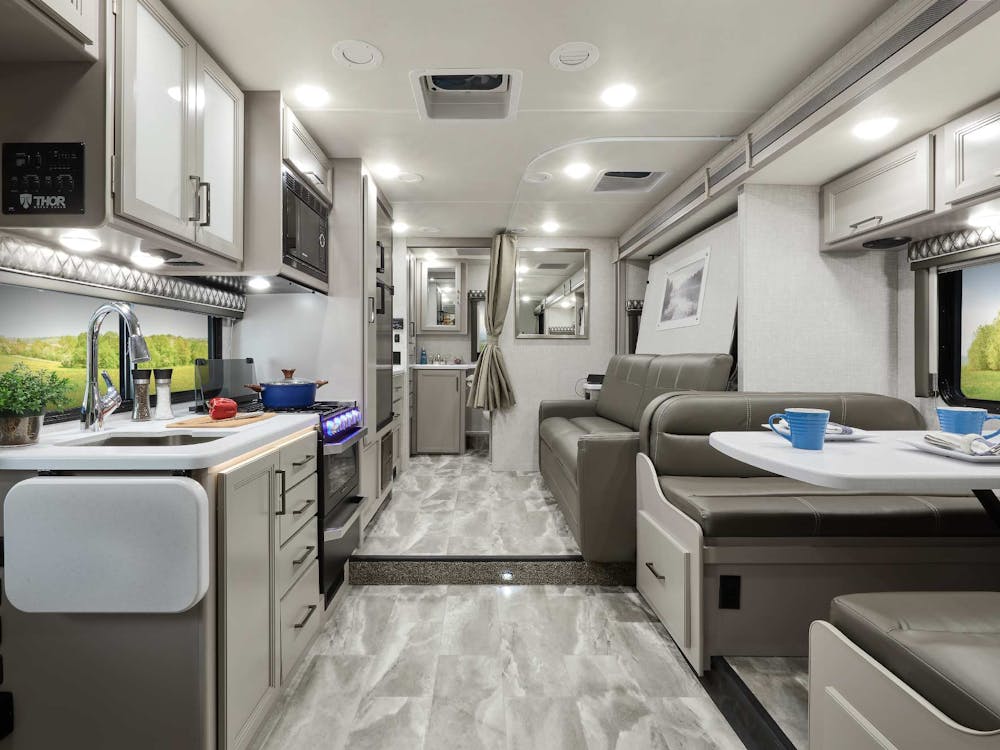 2022 Thor Quantum LC Class C RV LC25 Front to Back - Luxury Collection™ Charcoal Diamond Coastline Grey Cabinetry