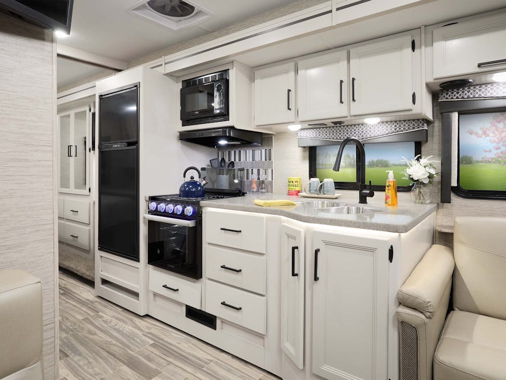 2023 Thor ACE Class A RV 29D Kitchen - Home Collection™ Estate Grey Ivory Coast Cabinetry