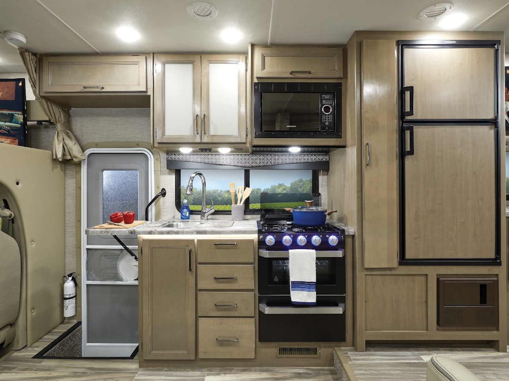 2022 Thor Four Winds Class C RV 25M Kitchen - Nautical Blue Irish Maple Cabinetry