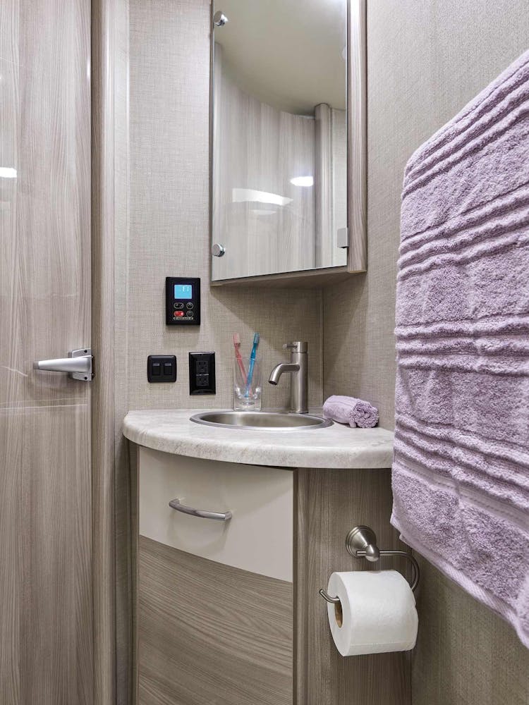 2022 Thor Tiburon Mercedes Sprinter RV 24TT Bathroom - Black Pearl Miami Modern Cabinetry
