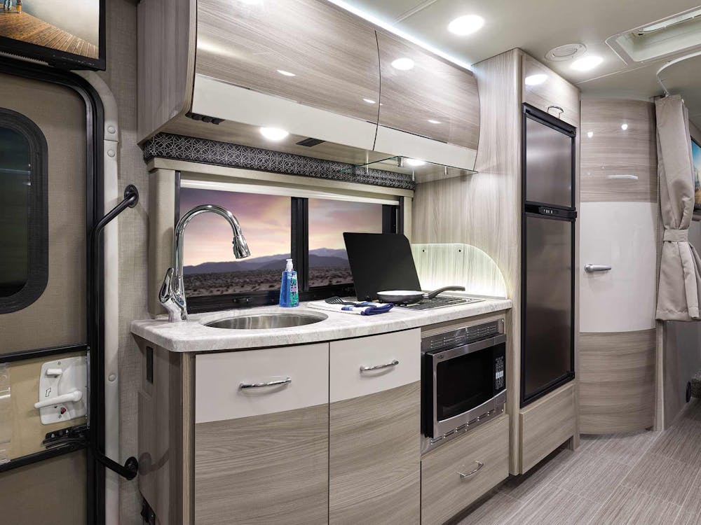 2022 Thor Tiburon Mercedes Sprinter RV 24TT Kitchen - Black Pearl Miami Modern Cabinetry