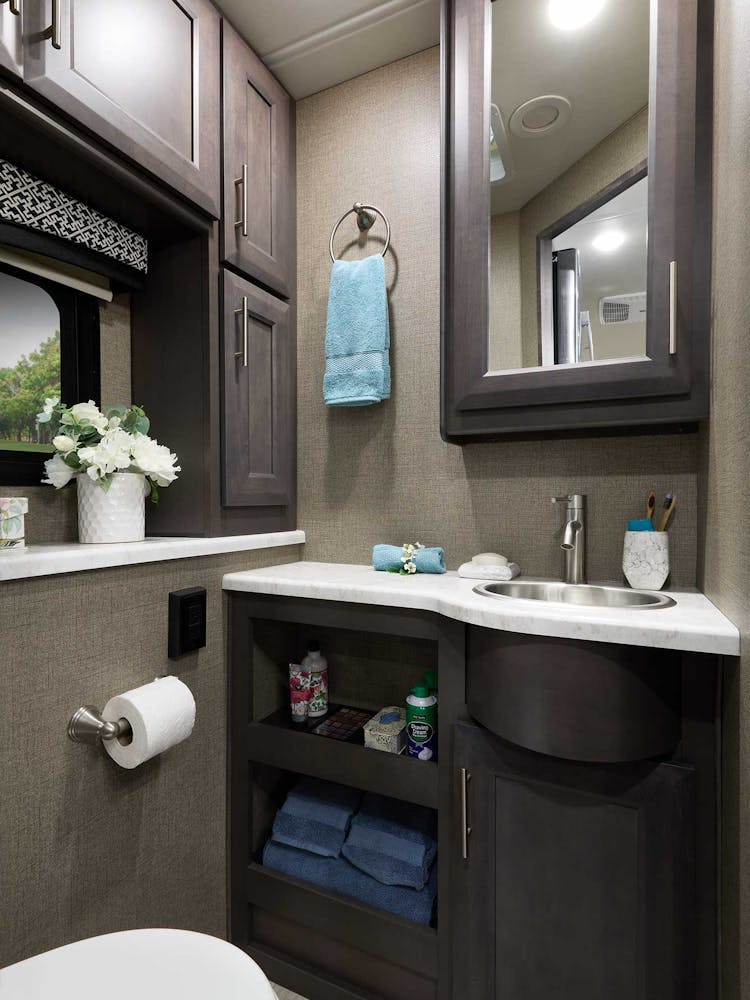 2022 Omni Class C RV BT36 Half Bathroom - Black Diamond Regatta Cabinetry