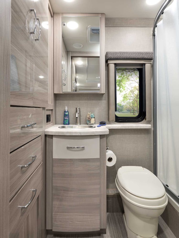 2022 Thor Delano Mercedes Sprinter RV 24FB Bathroom - Black Sable Luxury Grey Cabinetry