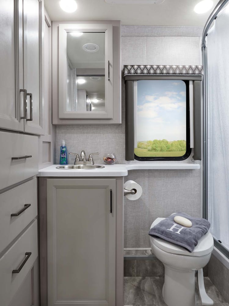 2022 Thor Quantum LC Class C RV LC25 Bathroom - Luxury Collection™ Charcoal Diamond Coastline Grey Cabinetry