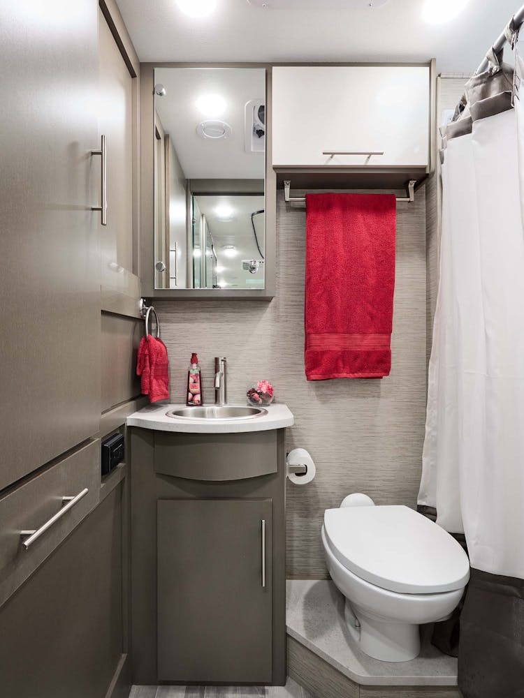 2022 Thor Vegas Class A RV 24.4 Bathroom - Liquid Mercury Silver Oak Cabinetry
