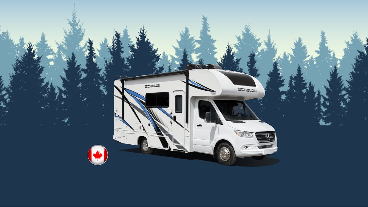 2023 Echelon Sprinter Class C Motorhome with tree design in the background