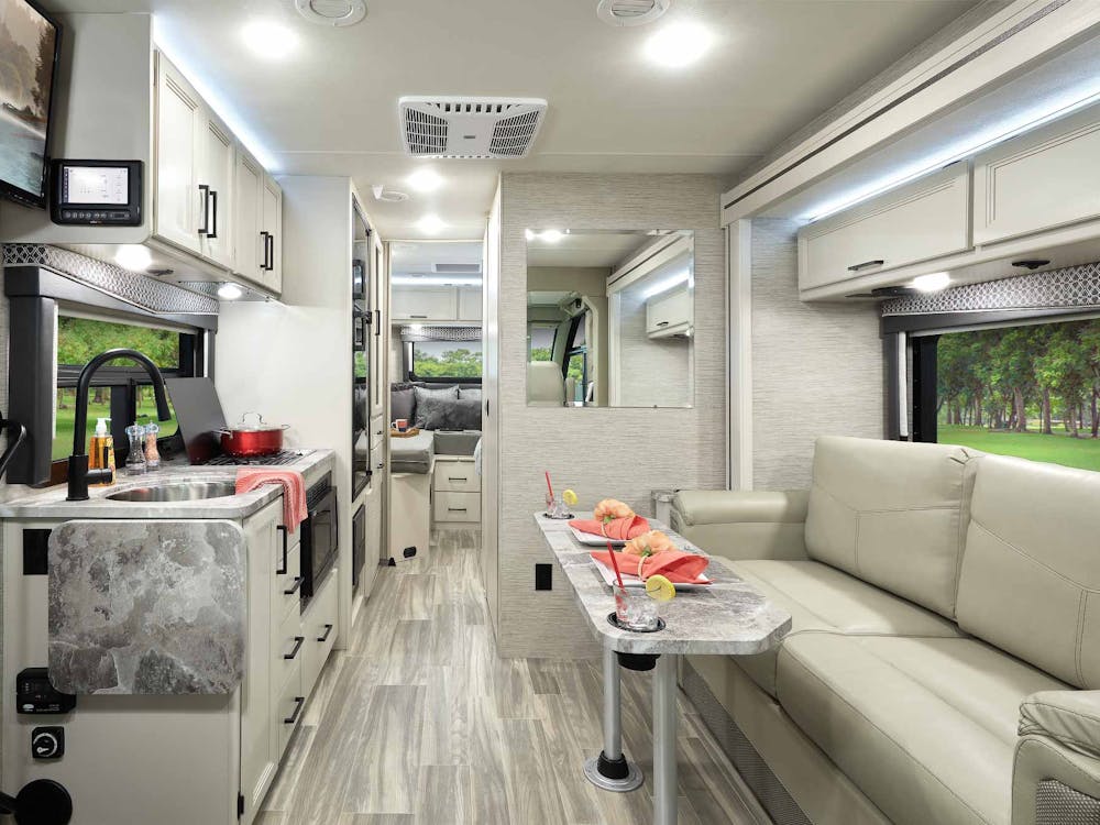 2022 Thor Vegas Class A RV 24.1 Home Collection Estate Grey Ivory Coast Front to Back