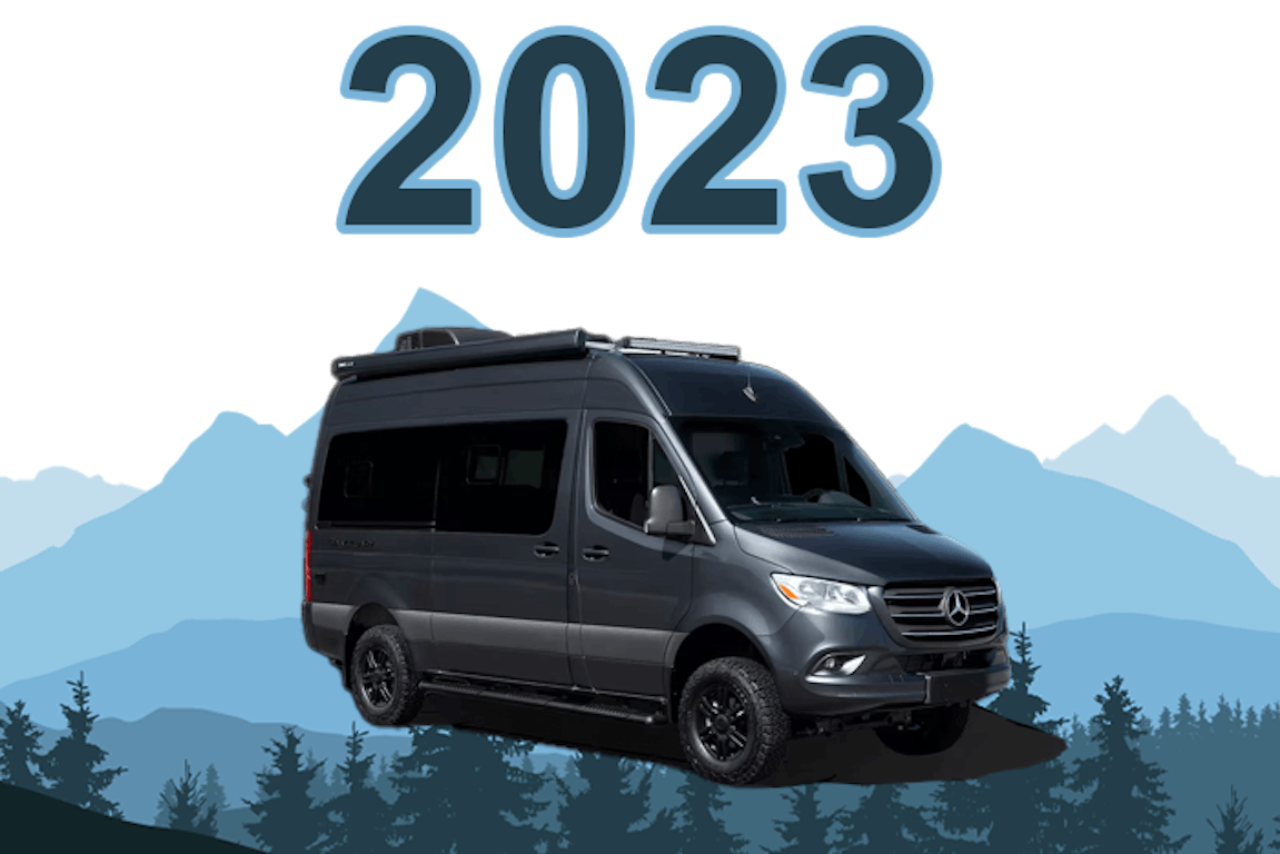 sanctuary sprinter 2023 exterior with trees and mountains all around