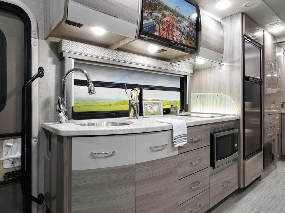 2023 Thor Tiburon Mercedes Sprinter RV 24FB Kitchen - Silver Strand Miami Modern Cabinetry