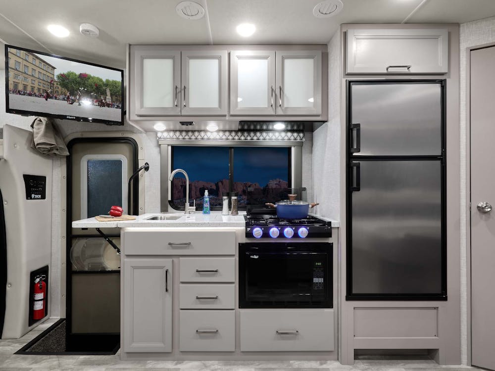 2021 Thor Quantum Mercedes Sprinter RV KM24 Kitchen - Luxury Collection™ Charcoal Diamond Coastline Grey Cabinetry