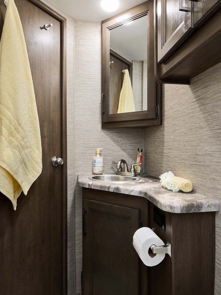 2022 Thor Chateau Class C RV 27R Bathroom - Ocean Pearl Carolina Cherry Cabinetry