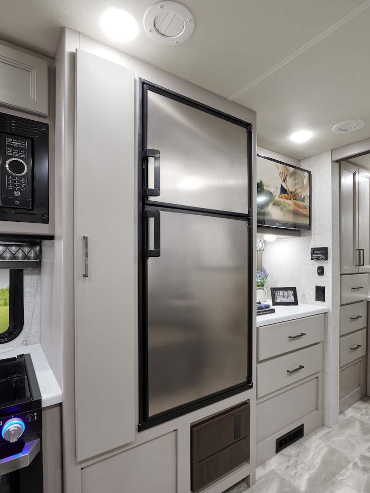 2022 Thor Quantum LC Class C RV LC25 Refrigerator and Pantry - Luxury Collection™ Charcoal Diamond Coastline Grey Cabinetry
