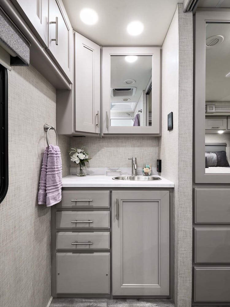 2022 Thor Inception Mega C Diesel RV 38MX Bathroom - Melrose Stone Decor Shell Grey Cabinetry