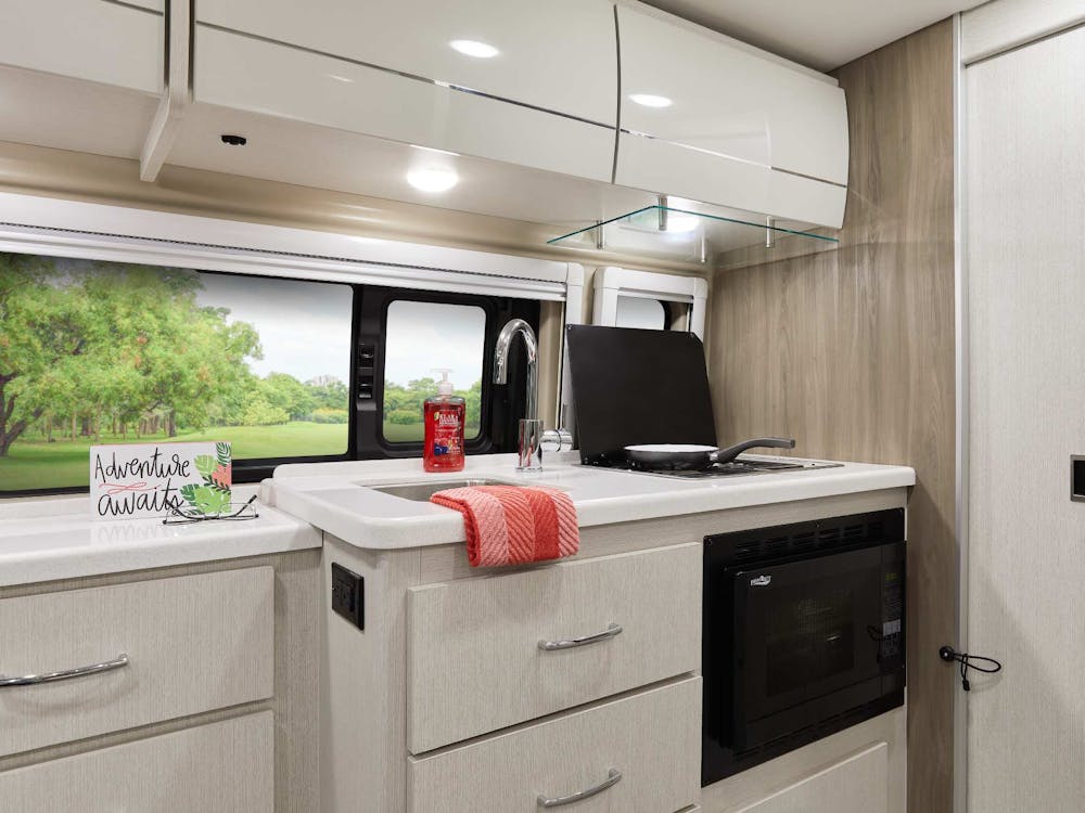 2021 Thor Tellaro Class B RV 20K Kitchen - Crisp Linen Modern White Cabinetry