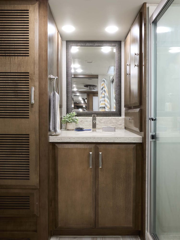 2022 Thor Tuscany Class A Diesel Pusher RV 40RT Bathroom - Studio Collection™ Rossa Sanibel Cabinetry
