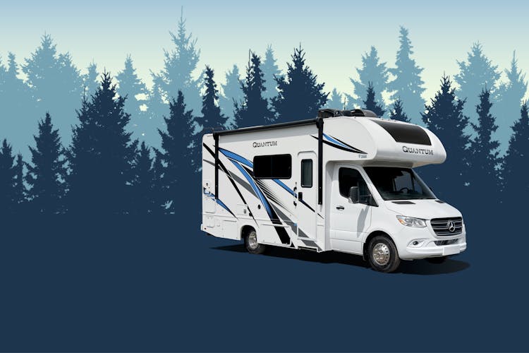 2023 Quantum Sprinter Class C Motorhome with tree design in the background