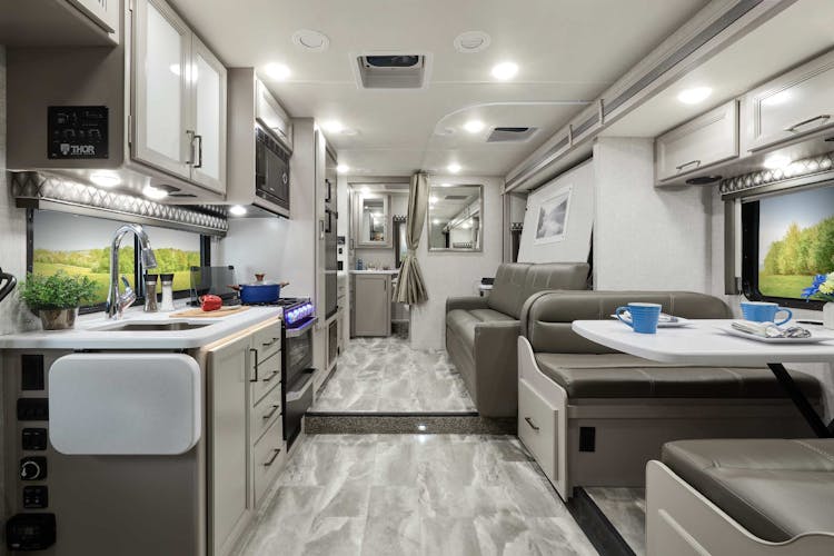 2022 Thor Echelon LC Class C RV LC25 Front to Back - Luxury Collection™ Charcoal Diamond Coastline Grey Cabinetry