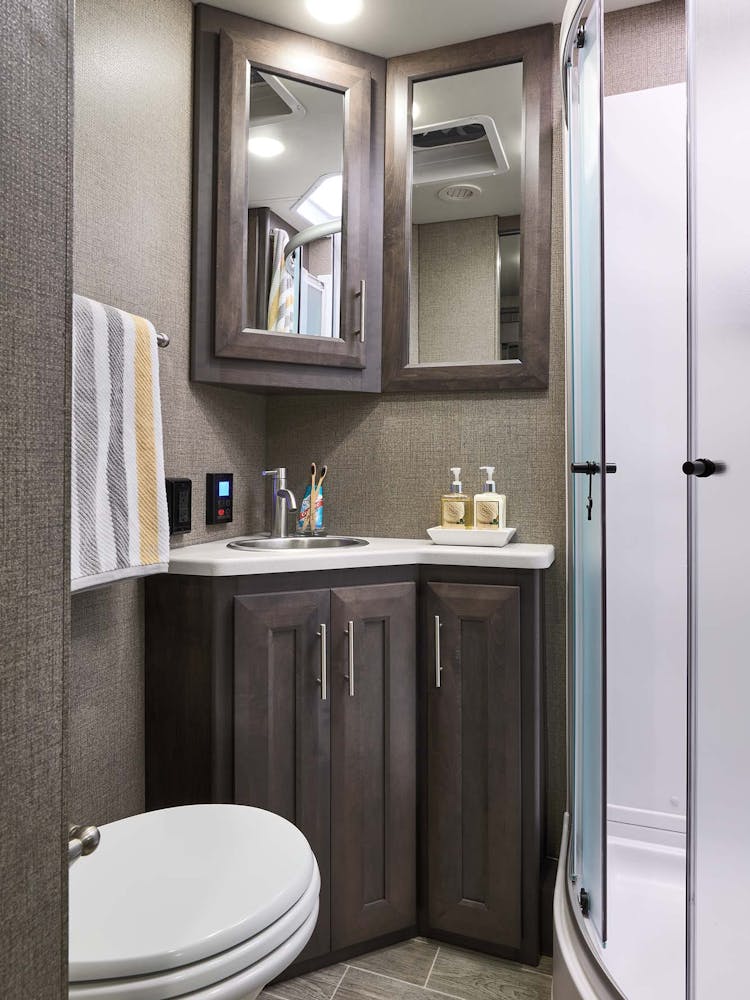 2022 Thor Magnitude Class C RV RS36 Bathroom - Black Diamond Regatta Cabinetry