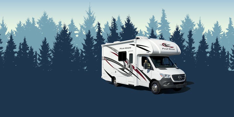2023 Four Winds Sprinter Class C Motorhome with tree design in the background