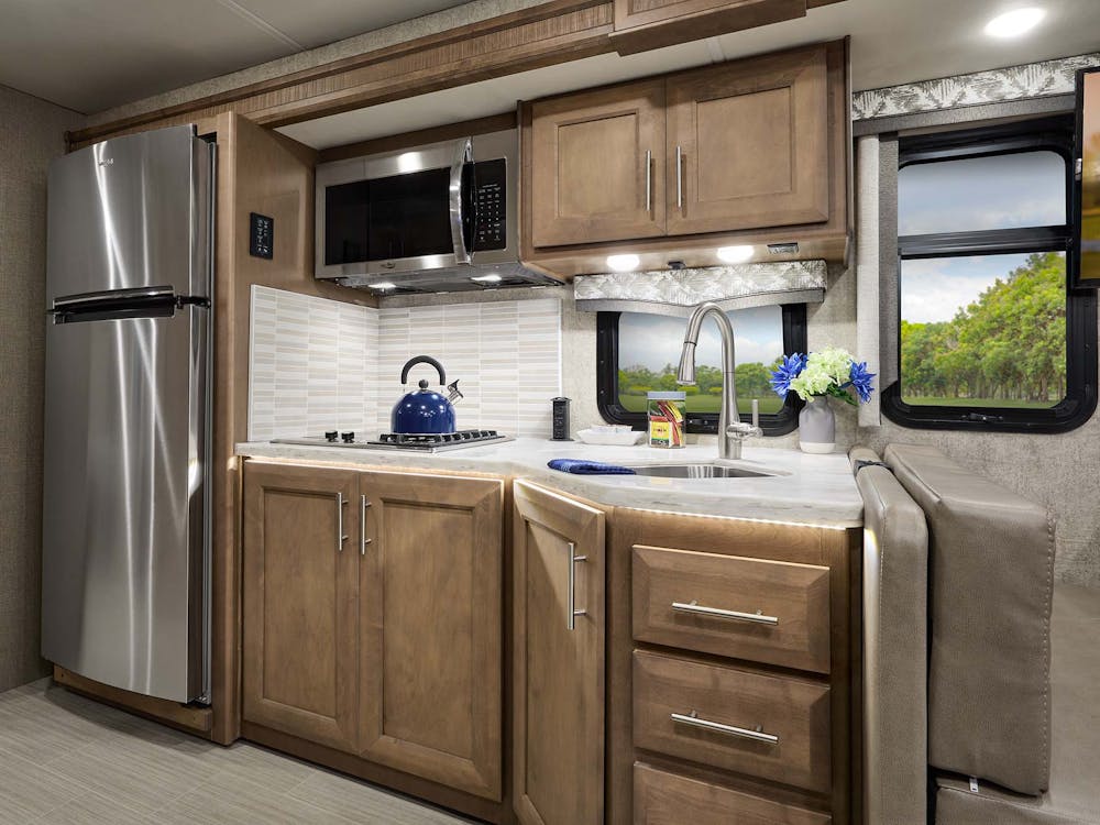 2022 Omni Class C RV XG32 Kitchen - Vanilla Twilight Sanibel Cabinetry
