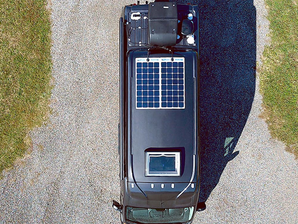 Overhead view of a camper van with solar power