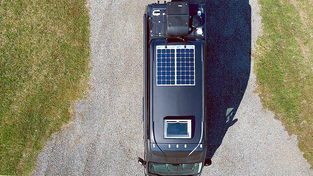 Overhead view of a camper van with solar power